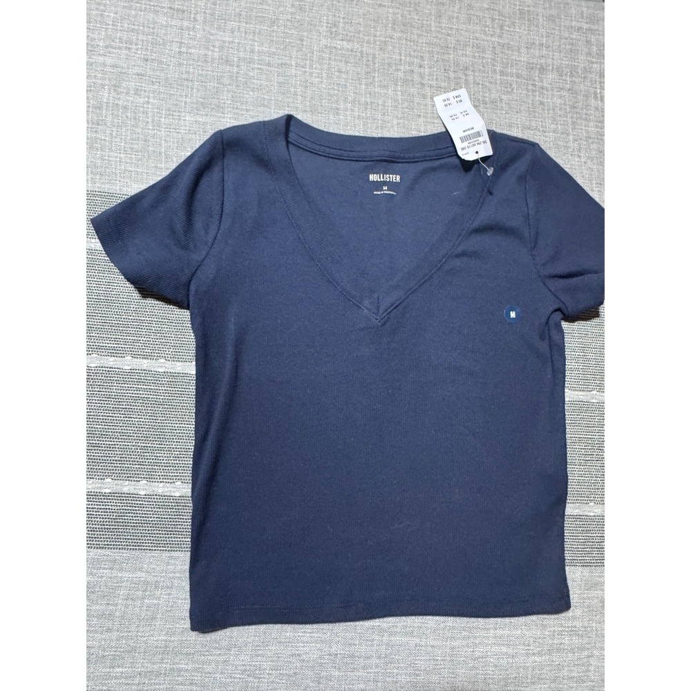 Hollister Women Navy Blue Ribbed V Neck‎ Short Sleeve T Shirt Size Medium